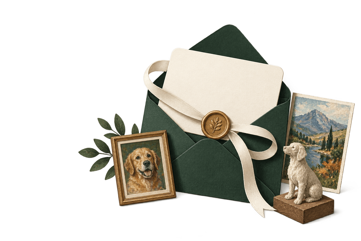 A gift card in a green envelope with a pet portrait, landscape, and sculpture