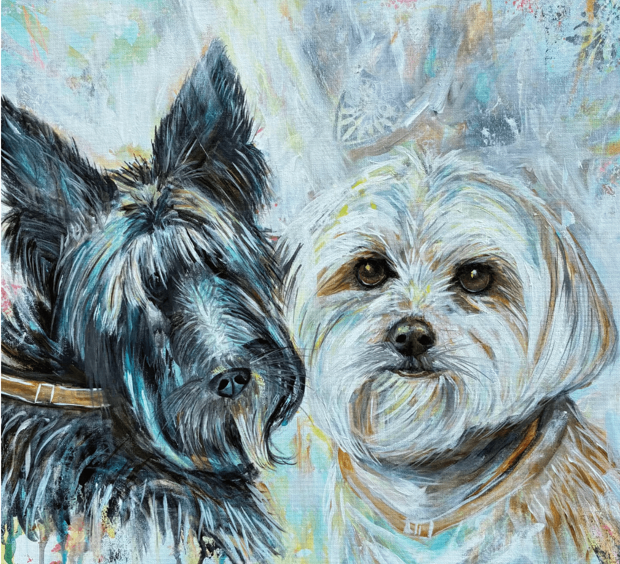 Scottish Terrier and Mixed Shih Tzu Painting | Mixed Media & Oil by Renee Dumont